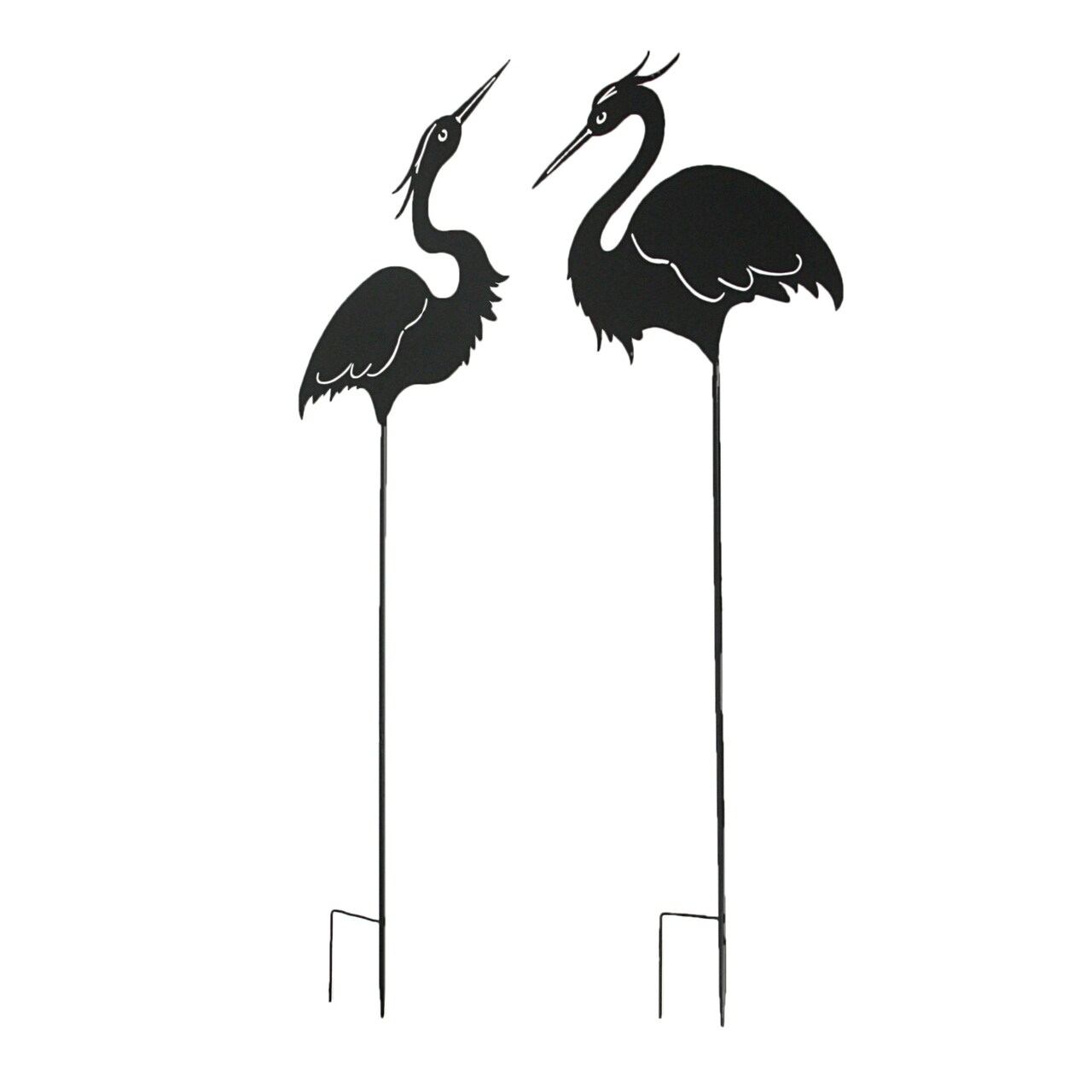 Set / 2 Black Laser-Cut Heron Silhouette Cutout Metal Bird Garden Stakes 43 Inch